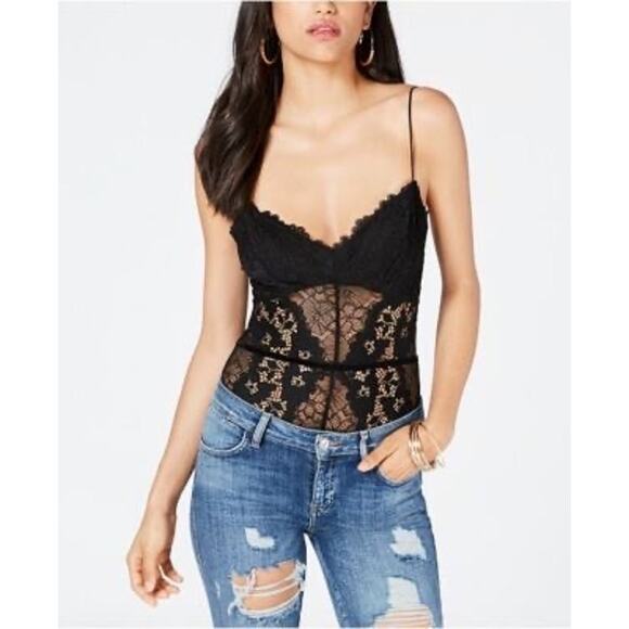 GUESS LOS ANGELES Black Lace Bodysuit Womens Size Small Baddie Grunge Velvet - Picture 1 of 6